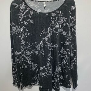 Anyhold Women's Gray White Floral Pleated‎ Long Sleeve Blouse Size Medium